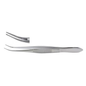 Eye Dressing Forceps, 4" (10.2 cm), half curved, extra delicate pattern, 0.5 mm wide serrated tips 
